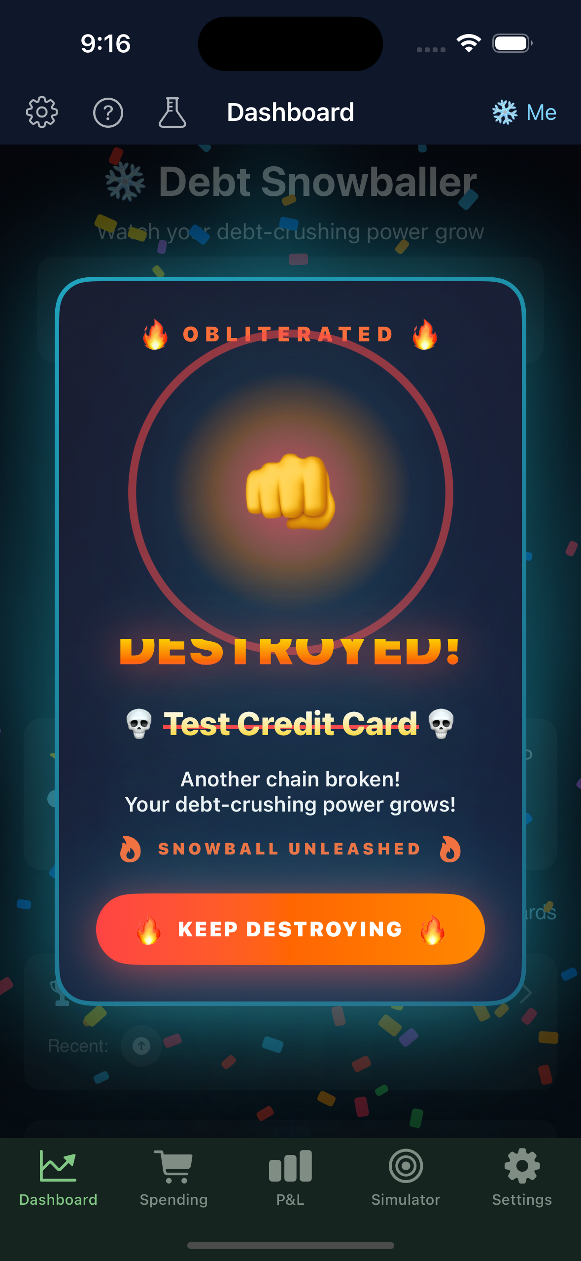 Debt Snowballer iOS app showing debt destroyed celebration with confetti