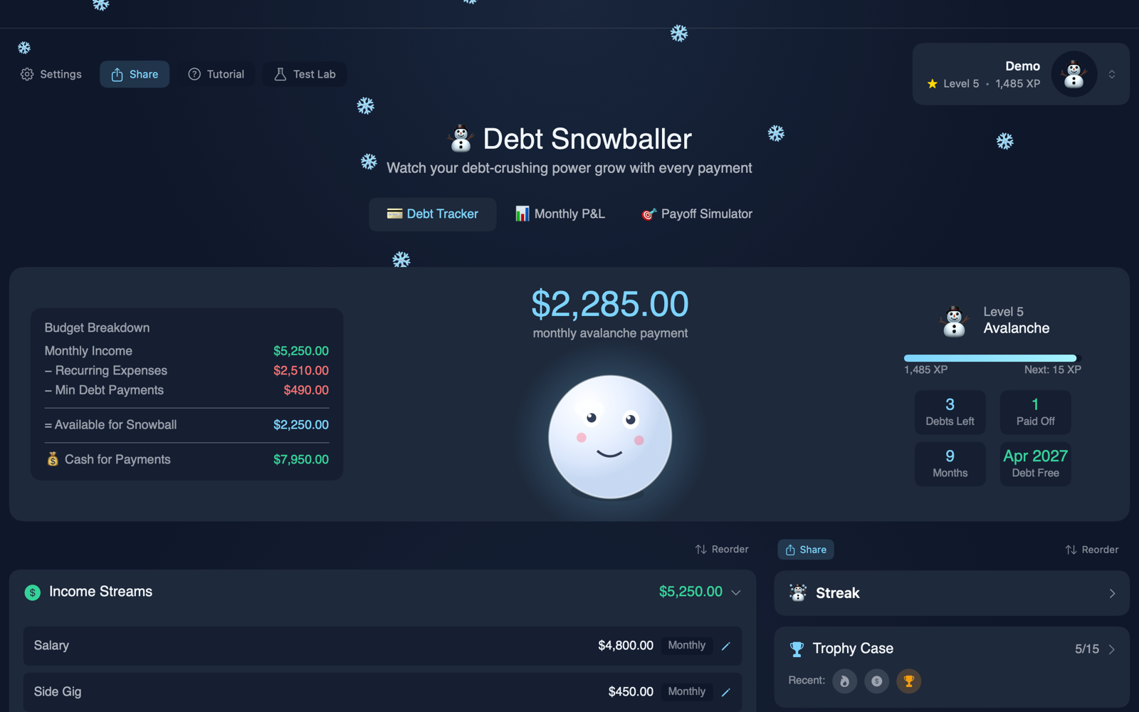 Debt Snowballer Mac app dashboard showing Level 5 Avalanche and XP progress