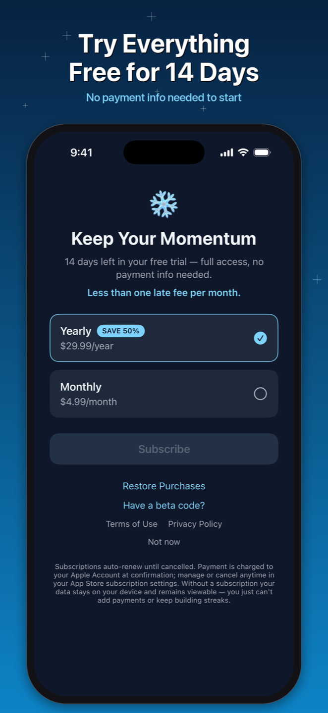 Debt Snowballer in-app subscription screen — try everything free for 14 days, no payment info needed to start