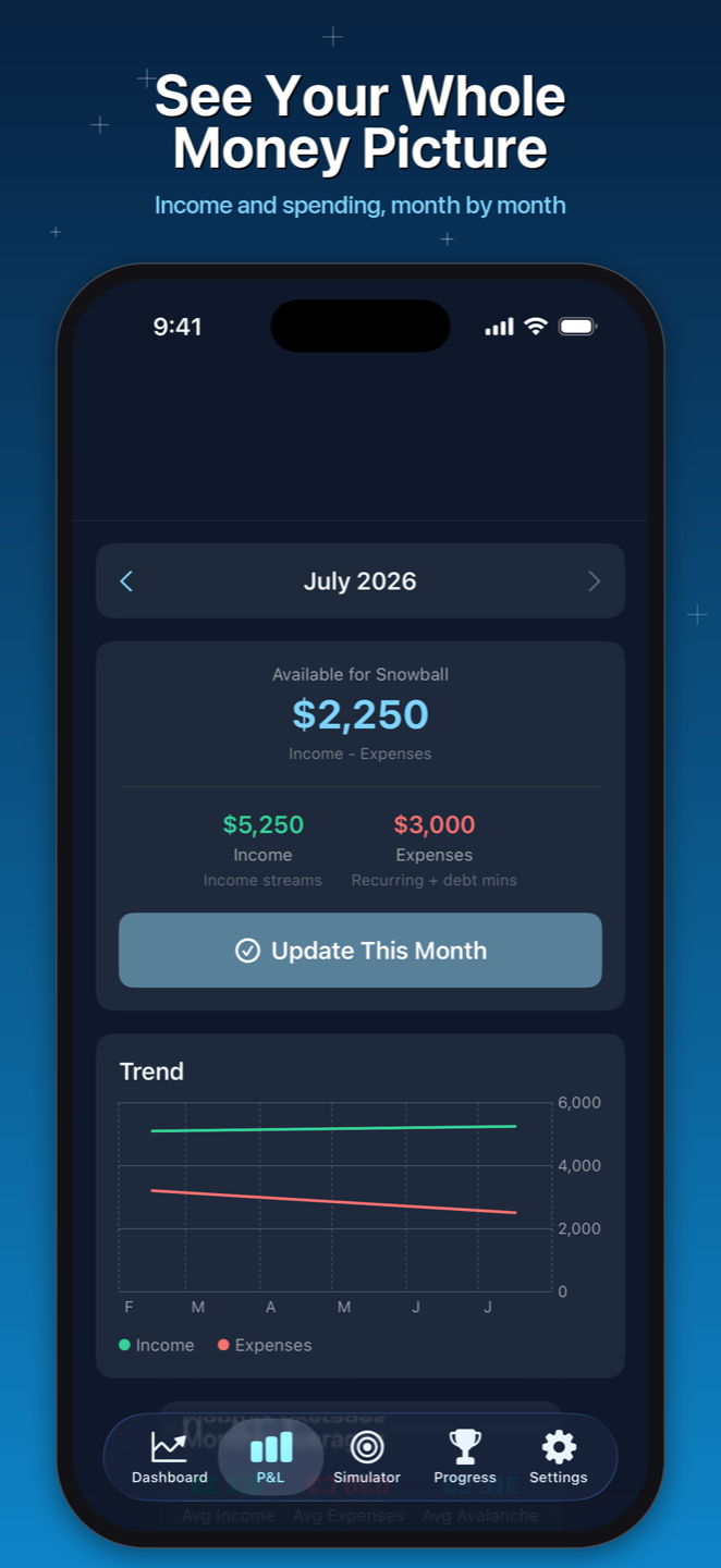 Debt Snowballer monthly profit and loss view showing income and spending