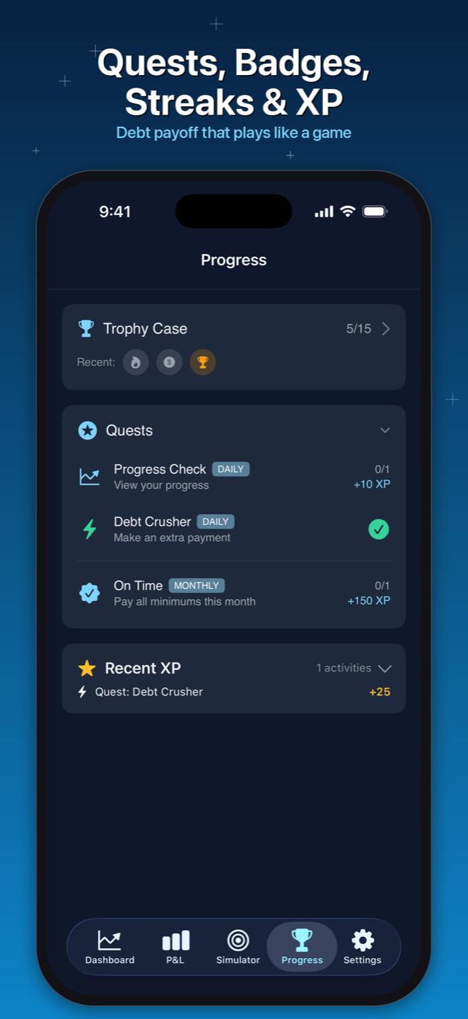 Debt Snowballer progress screen with quests, badges, streaks, and XP